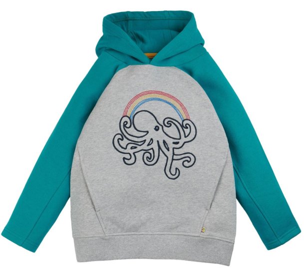 grey marl organic cotton pull-on hoody for children with blue raglan sleeves and hood and a fun octopus and rainbow embroidery across the front from frugi