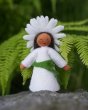 Close up of the Ambrosius oxeye daisy crown fairy doll on a rock in front of a green plant background