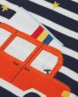 Close up of the embroidered campervan on the Frugi childrens remy romper