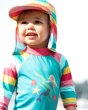 Close up of young child wearing the Frugi eco-friendly daffodil stripe legionnaires hat