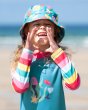 Close up of girl with her hands to her mouth wearing the Frugi seashells sun hat