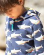 Close up of young boy wearing the Frugi organic cotton shark snuggle suit