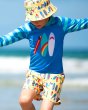 Close up of young boy stood in front of the sea wearing the Frugi surfs up boscastle board shorts and rash vest
