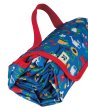 Close up of the Frugi national trust garden print reusable picnic blanket rolled up on a white background