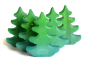 Group of plastic free solid wooden Bumbu fir trees in a line on a white background