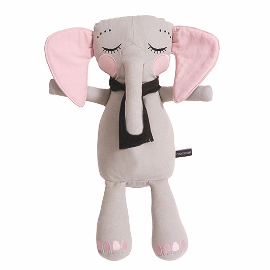 Roommate Little Grey Stuffed Elephant Toy, light grey, sleepy expression with pink ears, toes and cheeks, dark grey scarf and a white background