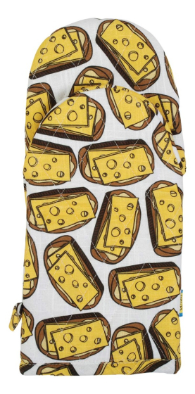 Cotton and linen blend oven glove with delicious open cheese sandwich print from DUNS