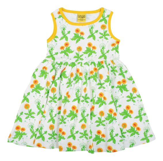 Organic cotton children sleeveless gather skirt dress with bright dandelion print from DUNS