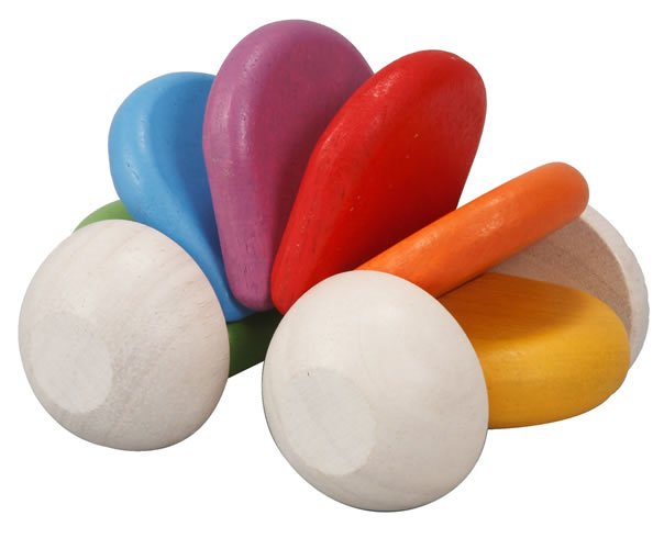 Plan Toys Rainbow Car Rattle Toy is a solid rubber wood sensory toy for babies painted in bright rainbow colours. White Background. 