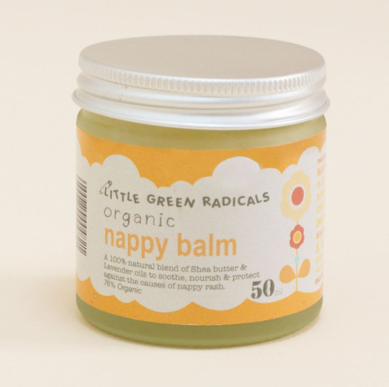 Little Green Radicals Organic Nappy Balm, an all natural nappy balm for babies in a 50ml glass pot with an aluminium screw top lid.