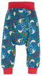 Frugi organic cotton parsnip pants in springtime geese on blue with red extendable cuffs folded over from the back
