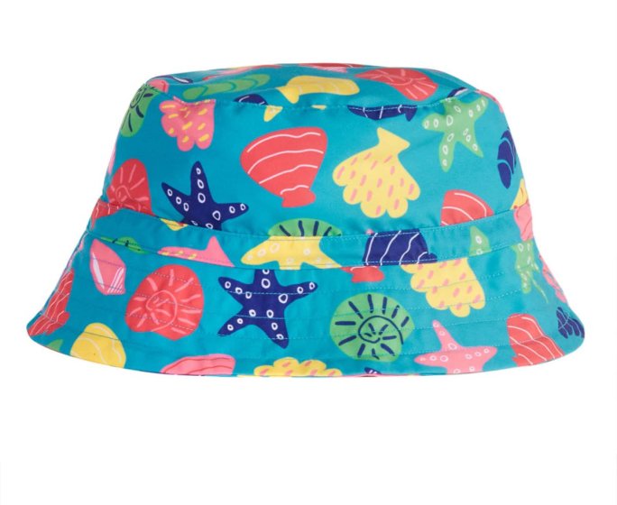 blue swim hat with the colourful seashells print from frugi