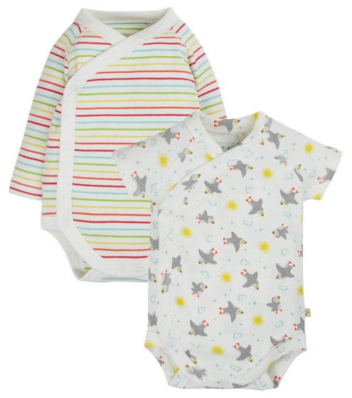 two pack shay body from frugi, one is stripy with long sleeves and another is white with pufflling print
