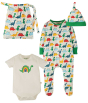 Frugi Rainbow Dinos gift set including hat, babygrow,top body, and bag