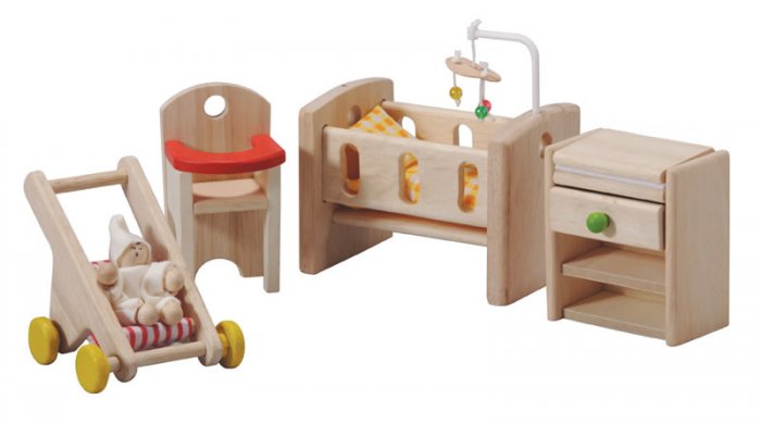 Plan Toys Wooden Dolls House Nursery Furniture Set.Designed for a new baby, this wooden dolls house furniture nursery set includes a drawer chest, a crib with a mobile attached, a high chair, a stroller, and a baby.
