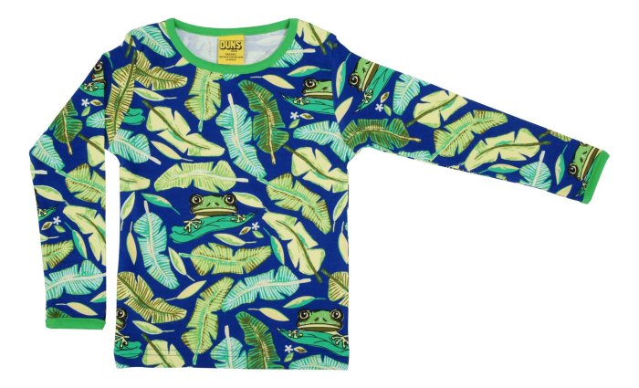 Organic cotton children long sleeve top with tree frog and leafy foliage print on blue from DUNS