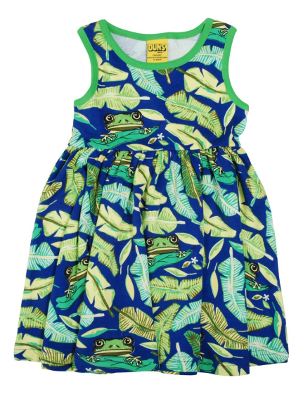 Organic cotton children sleeveless gather skirt dress with tree frog and leafy foliage print on blue from DUNS.