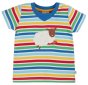 short sleeve easy on tee with the sheep applique and alternating green, white, red, yellow, light blue and blue stripes from frugi