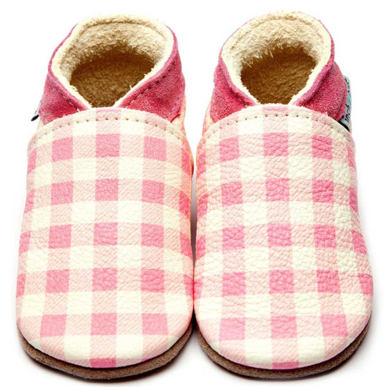 Inch Blue Pink Gingham leather baby shoes with pink suede collar