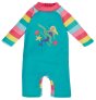 blue sun safe suit with a fun mermaid and seashells in the centre, daffodil rainbow stripe printed raglan sleeves and a zip up the back from frugi