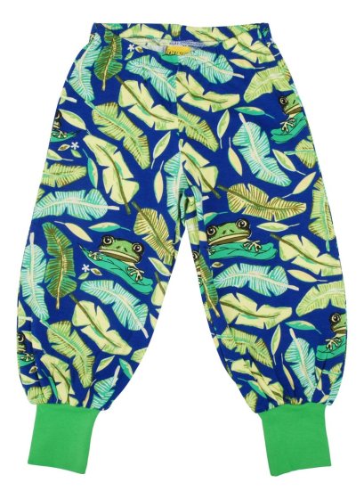 Organic cotton children baggy pants with tree frog and leafy foliage print on blue from DUNS