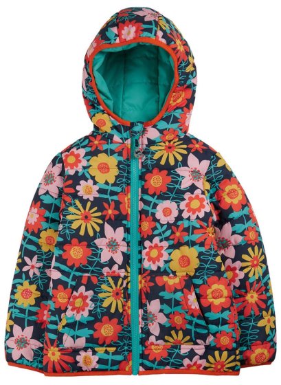 hooded reversible toasty trail jacket with colourful dahlia fields print on one side and solid teal on the other from frugi
