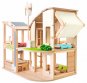 Plan Toys Green Dolls' House With Furniture. This eco dolls' house by Plan Toys is the ultimate in green living.  It's energy efficient with a wind turbine and solar power, and also has recycling bins, a green biofacade and a blind to control sunlight and