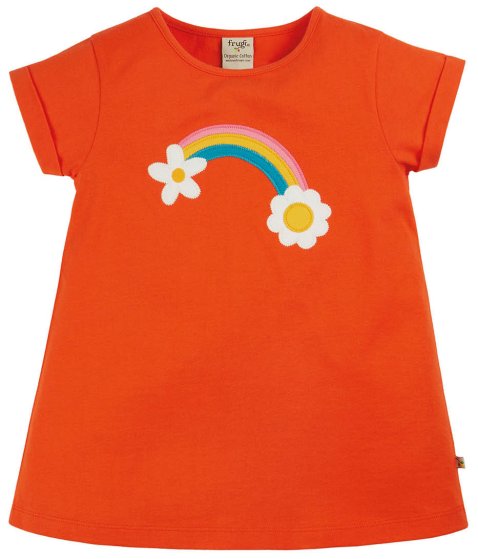 red short  sleeve top with the flowers and rainbow applique from frugi