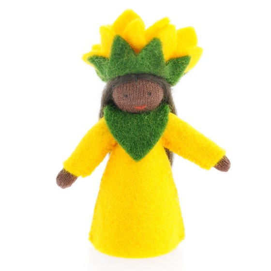 Ambrosius collectable felt sunflower doll with black skin on a white background