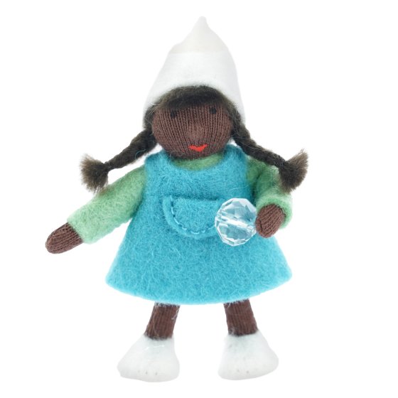 Ambrosius eco-friendly handmade felt dwarf girl winter figure with black skin on a white background