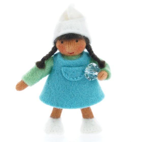 Ambrosius eco-friendly handmade felt dwarf girl winter figure with dark brown skin on a white background