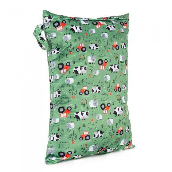 Baba + Boo Reusable Large Wet Bag in green with a sweet farmyard pattern in black, white and red. With a side handle and zip-top open/closure taken on a white background