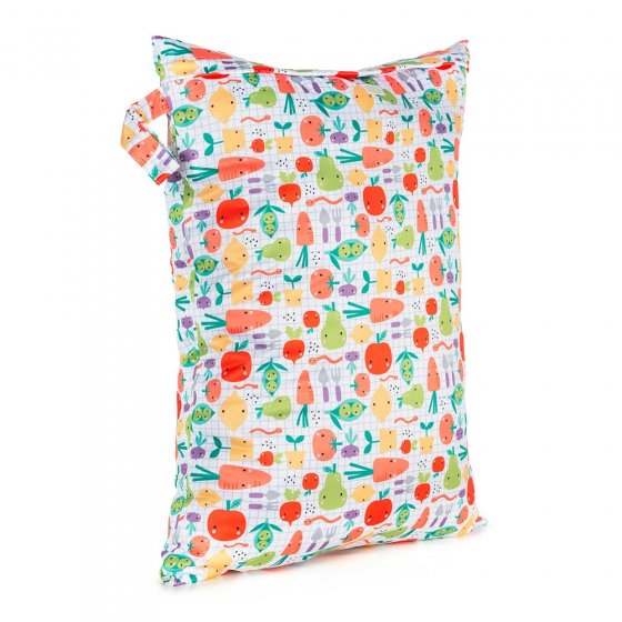 Baba + Boo Reusable Large Wet Bag in white with a repeat pattern of fruit and veg with a side handle and zip top open/closure on a white background