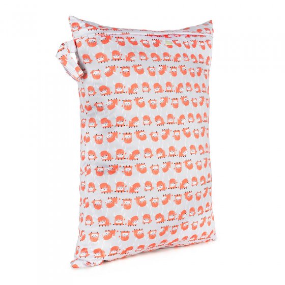 Baba + Boo Reusable Large Wet Bag in off-white with a repeat pattern of orange highland cows, a side handle and zip-top closure on a white background