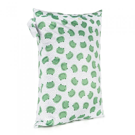 Baba + Boo Reusable Large Wet Bag in white with grey polka dots and green smiling frog faces, a side handle and zip-top closure on a white background