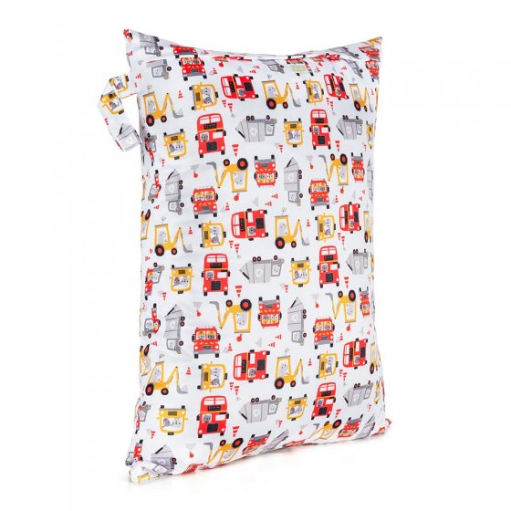 Baba + Boo Reusable Large Wet Bag in white with a repeat pattern of red and yellow vehicles with a side handle and zip-top closure on a white background