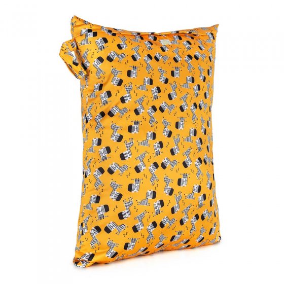 Baba + Boo Reusable Large Wet Bag in yellow with a repeat pattern of sleeping zebras, a side handle and zip-top open/closure on a white background