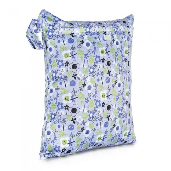 Baba + Boo Reusable Medium Wet Bag in lilac with green, white and black print of pretty dragonflies and flowers. Side handle and zip top closure on a white background