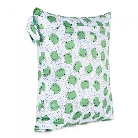 Baba + Boo Reusable Medium Wet Bag in white with grey polka dots, and repeat pattern of green smiling frog faces with a side handle and zip open/closure on a white background