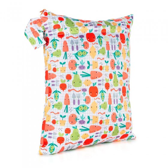Baba + Boo Reusable Medium Wet Bag with colourful vegetable and fruit pattern all over with side handle, zip closure on a white background
