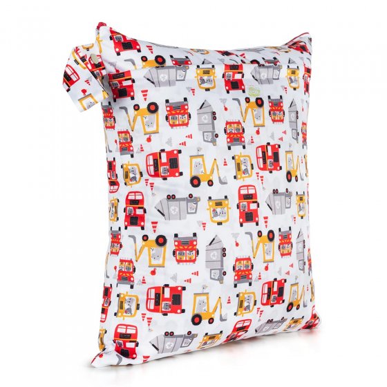 Baba + Boo Reusable Medium Wet Bag in white with a repeat pattern of red and yellow vehicles, side handle and zip open/closure on a white background