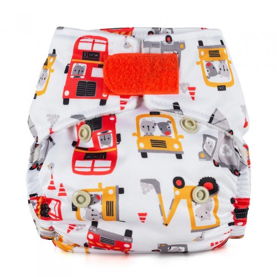 Baba + Boo eco-friendly reusable Newborn white Nappy with a repeat pattern of red buses and yellow taxis, and tractors, a red closure velcro tab, photographed on a white background