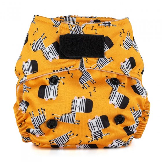 Baba + Boo eco-friendly reusable Newborn Yellow Nappy with repeat pattern of sleepy zebras, black velcro closure tab, photographed on a white background