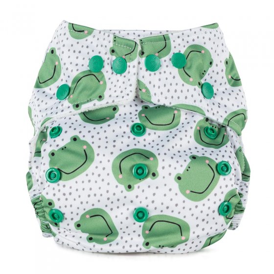 Baba + Boo eco-friendly reusable One-Size Adjustable Nappy in white with a grey polka dot pattern and green smiling frogs with green popper snaps on a white background