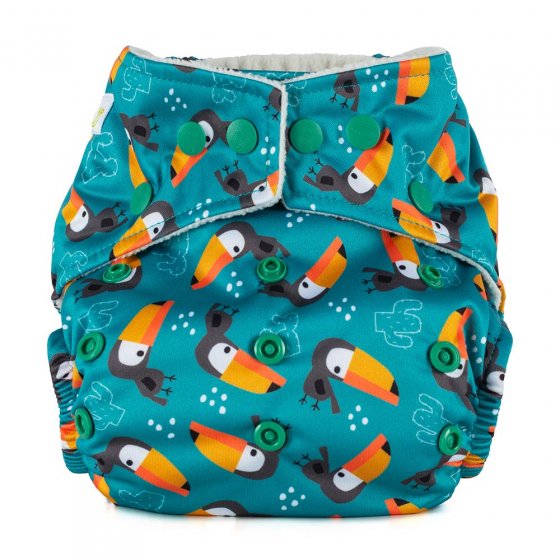 Baba + Boo eco-friendly reusable One-Size Adjustable Nappy in teal with a repeat pattern of toucans with matching popper snaps on a white background