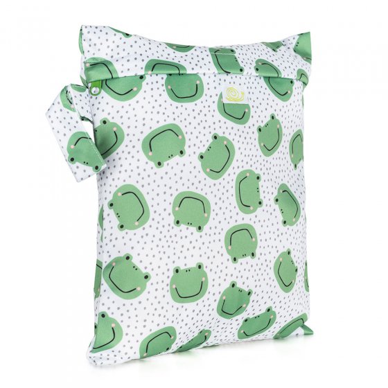 Baba + Boo Reusable Small Wet Bag in white with grey polka dots, and all over print of green smiling frog faces. Side handle and zip opening at top on a white background