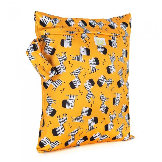 Baba + Boo Reusable Small Wet Bag in yellow with a repeat pattern of sleeping zebras. Side handle and zip top opening on a white background