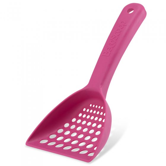 Beco Pets pink sustainable bamboo cat litter scoop on a white background.