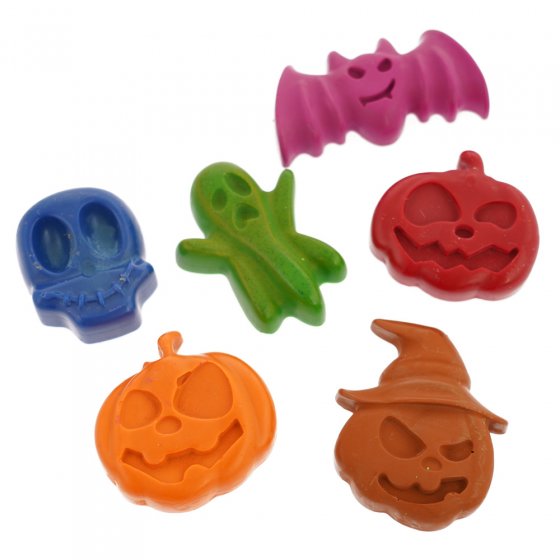 Bee Crayative 6 large halloween themed natural beeswax coloured crayons laid out on a white background