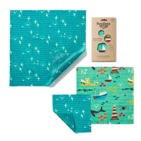 The Beeswax Wrap Company 3 sheet combo pack of seaside plastic free food wraps laid out on a white background